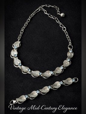 Vintage Mid Century Silver Tone Leaf Necklace Bracelet Set Blue Rhinestone
